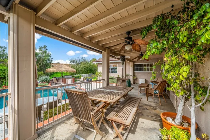 Covered back patio overlooking pool and rear yard