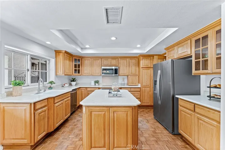 A straight on shot of the kitchen.  Here you can see the large window at the kitchen sink.