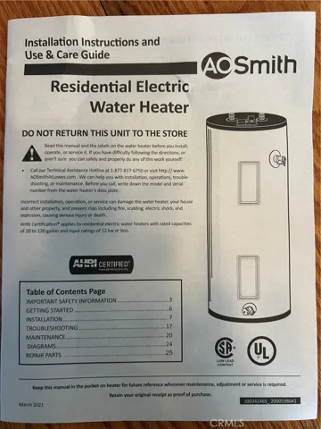 Brand New water heater installed 4/28/2025  In garage, braced, water pan, runoff pipe, rebuilt framed stand with drywall to Fire code standards