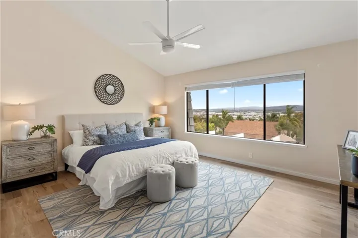 Primary bedroom with Unobstructed Panoramic Views, Cathedral Ceilings, Ceiling Fan