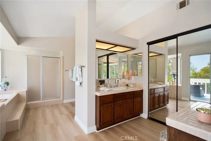 The primary en-suite bath includes dual vanities, a soaking tub, separate shower, and a huge walk-in closet.