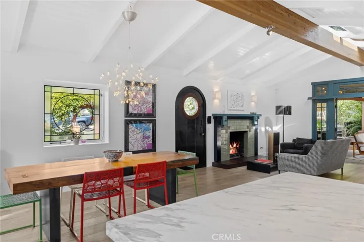 Two fireplaces and designer wall treatments enhance the home’s inviting Craftsman vibe