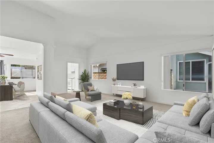 Virtually staged living room and dining area
