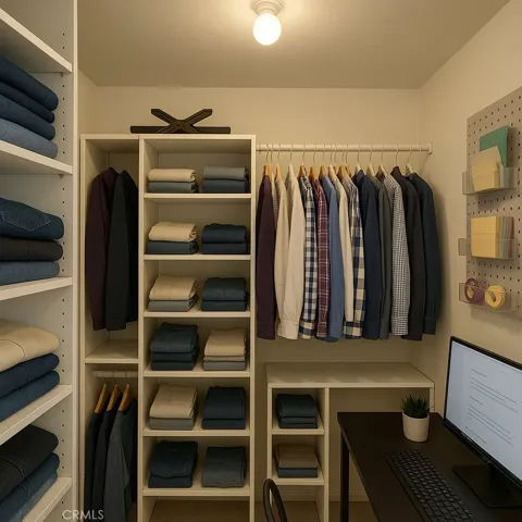 Primary bedroom walk-in closet. AI enhanced