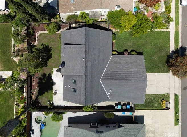 Drone shot of roof and lot.