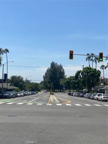 Looking from the intersection to the entrance to the University
