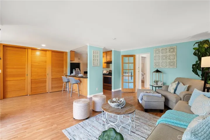 View of the living room, large closet and kitchen