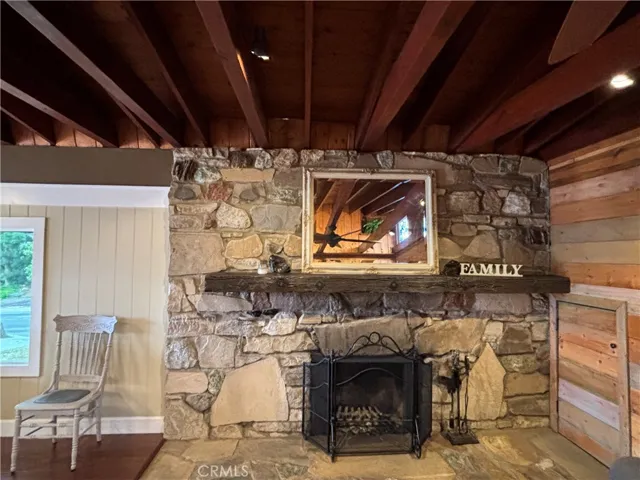 Stone fireplace.