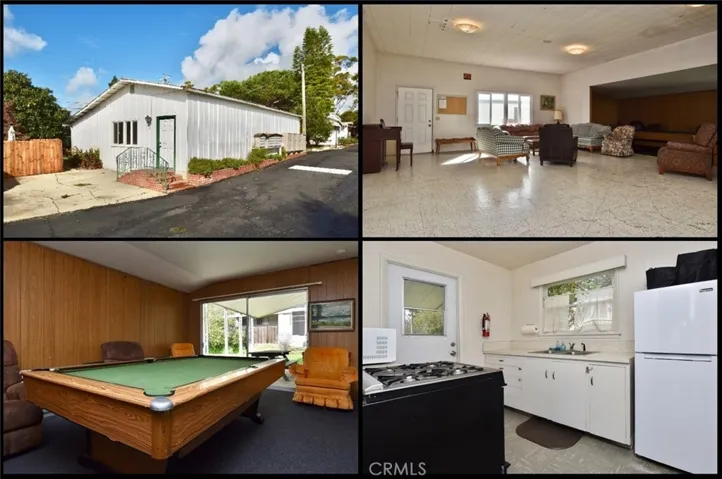 Colonial Manor Clubhouse with lounging area, game room, pool table, full kitchen, restroom, and outdoor event space.