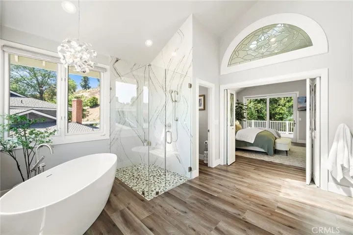 Primary bathroom with view to bedroom and elegant entry