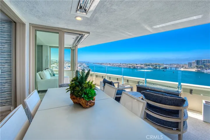 Outdoor dining area with heaters.