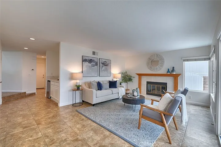 Family room with wood burning fireplace
