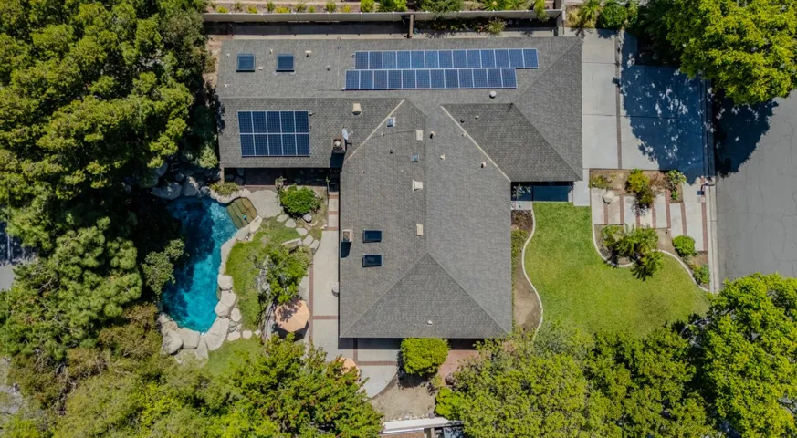 overhead, looking east; front of house on right, pool on left