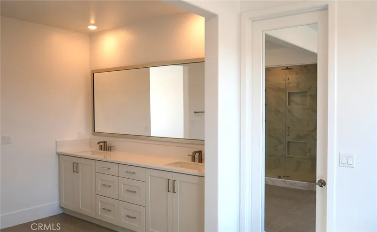 Primary Suite Vanity and Mirrored Door to Walk-In