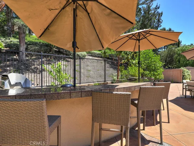 BBQ Island includes BBQ, double burner, and a spot for a small refrigerator, as well as two spots for umbrellas.