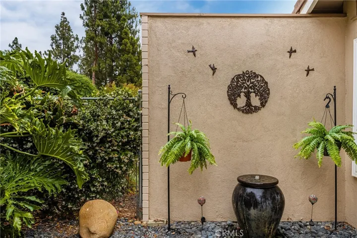 The side patio features a water feature.