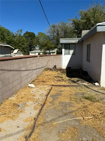 Left side yard view leading to rear of bonus area, bordered by block wall.