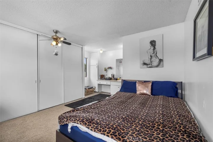 Unit B: Bedroom with a wall of closets and vanity