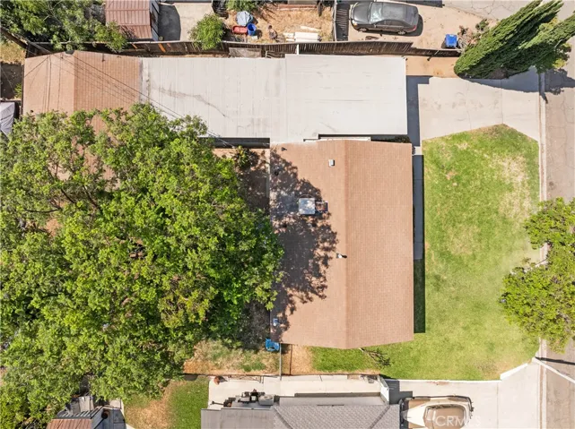 Aerial - ADU on left, carport at top, main house on right with front yard far right