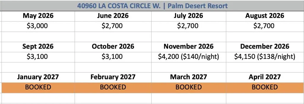 Seasonal pricing 2026/27 Calendar