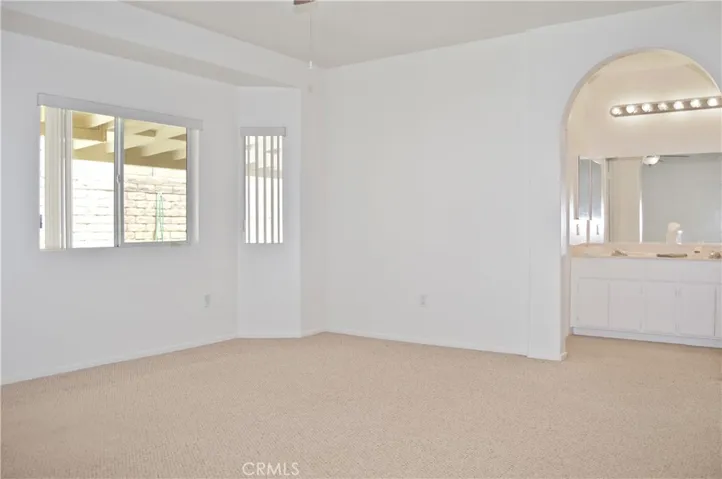 Primary Bedroom Suite with Arched Entry to Ensuite Bath, Two Closets (One a Walk-in), Ceiling Fan, and Back Patio Views