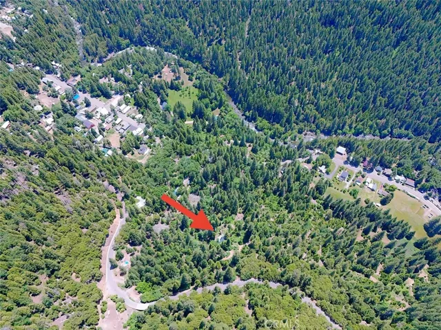 Aerial view of property and the town of Sierra City on Highway 49.