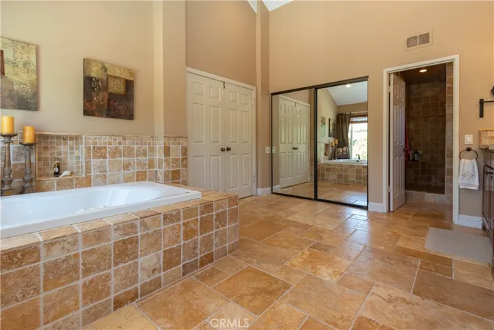 Mirrored closet doors, and separate shower room.