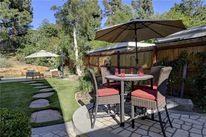 Additional seating, artificial turf and a stone walkway to the pool.