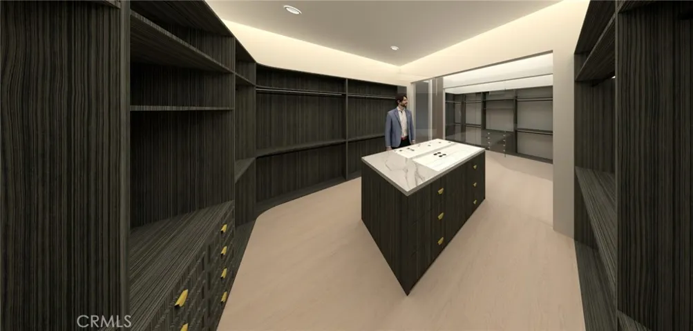 Proposed master bedroom's over-sized luxurious walk-in closet with built in shelving and central marble-top island dresser