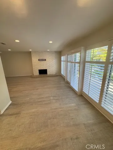 view from dining area to fireplace