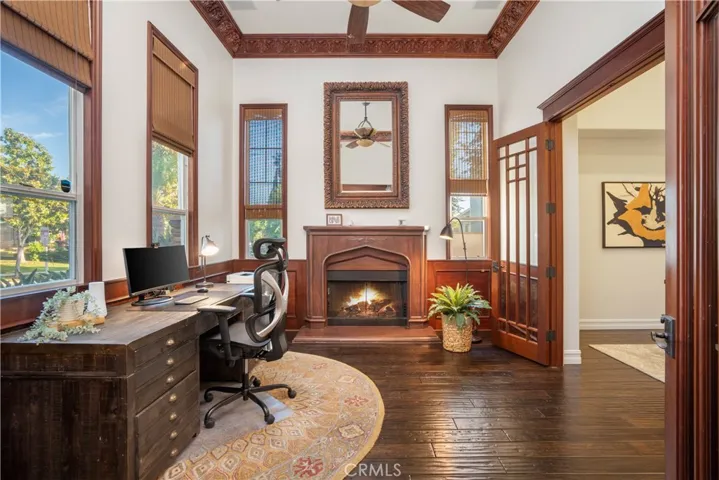 Home office with soaring ceilings.