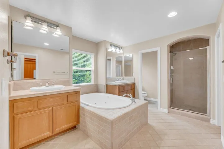 Jetted bath tub, separate shower, toilet, walk in closet