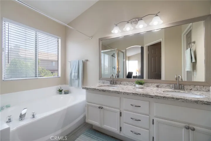 Primary ensuite bathroom with granite vanity & walk-in closet