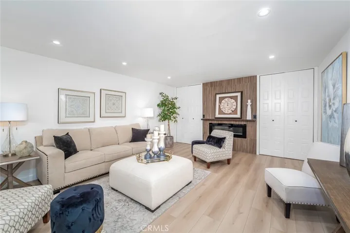 Recessed lighting and electric fireplace.