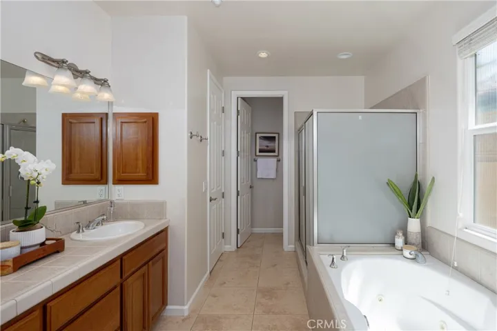 Primary bedroom double sink, jetted soaking tub and private toilet.