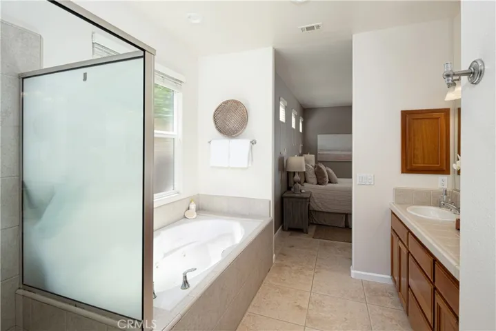A view from the primary bathroom attached to the bedroom.