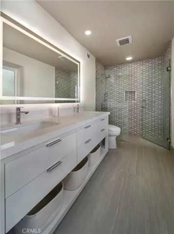 RH double vanity, quartz top and custom tile