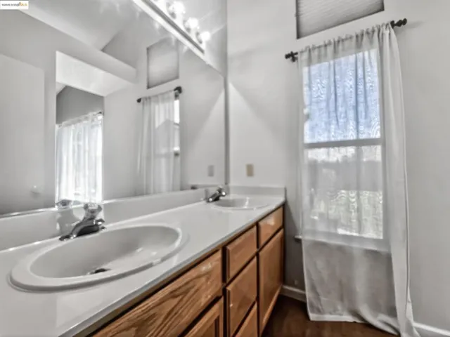 Bathroom featuring double vanity, plenty of natural light, and wood finished floors