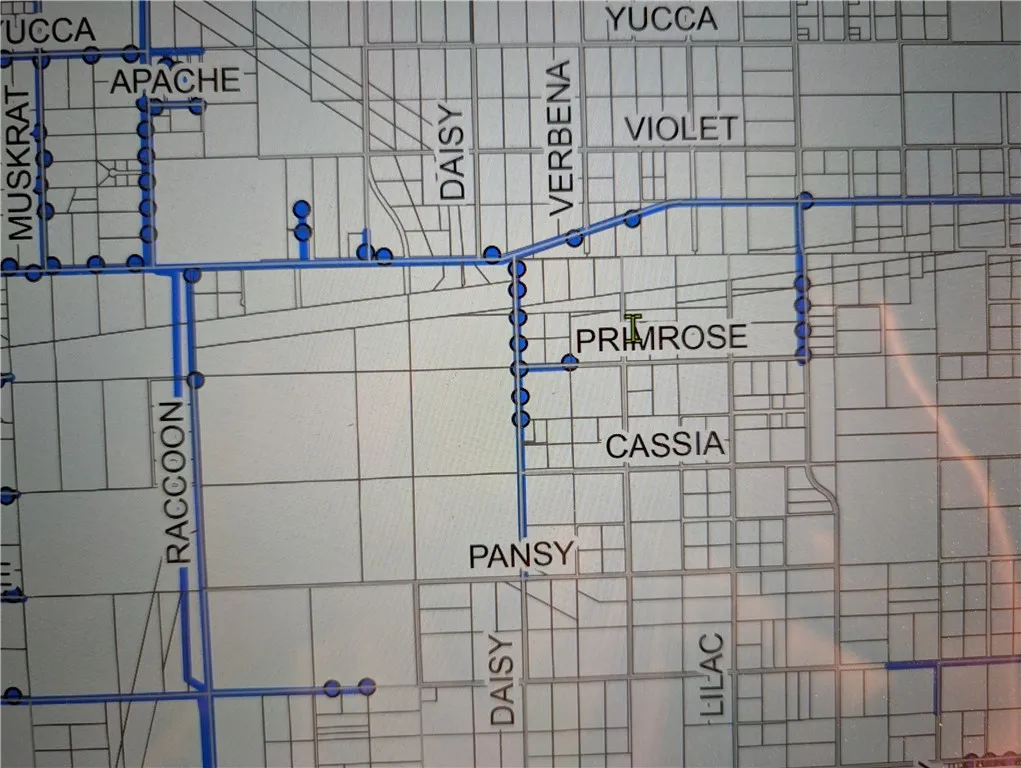 water map shows water on Primrose east of Daisy approx. 1,000 feet southwest of subject property
