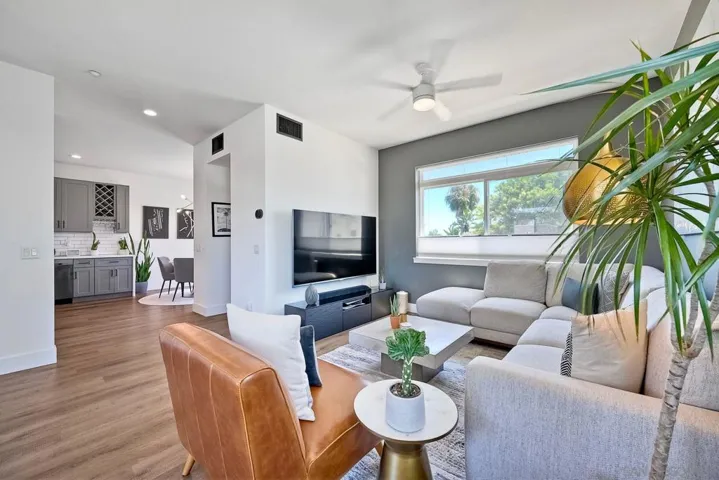 South facing large window, plenty of natural light. Powder room and coat closet in space just behind the TV wall. Opening pictured.
