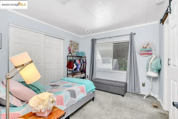 Carpeted bedroom with a closet, crown molding, a textured ceiling, and a barn door