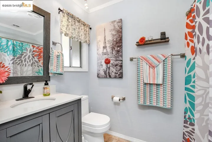 Full bathroom featuring vanity, ornamental molding, and a shower with curtain
