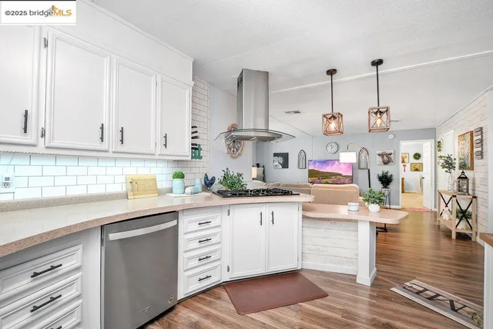 Kitchen with stainless steel dishwasher, dark wood-type flooring, white cabinetry, light countertops, and open floor plan
