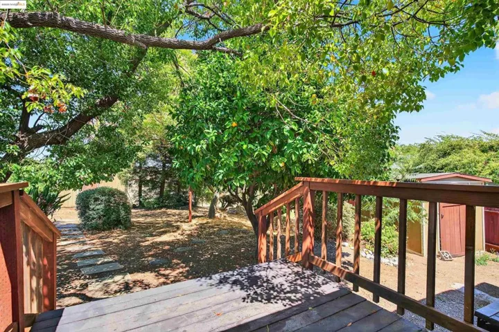 Wooden terrace with a fenced backyard