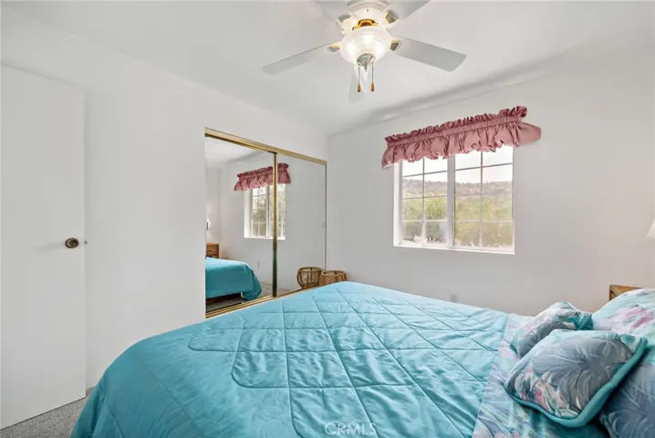 2nd view of upstairs bedroom w mirrored sliding doors at the closet and mountain views