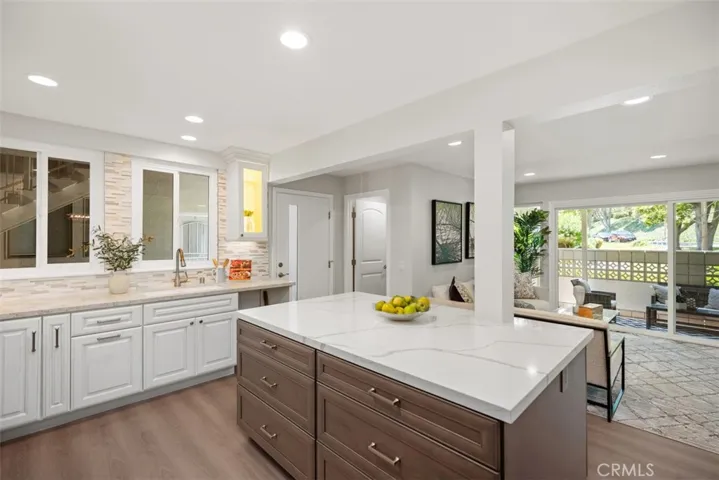 Over the top island with quartz countertop