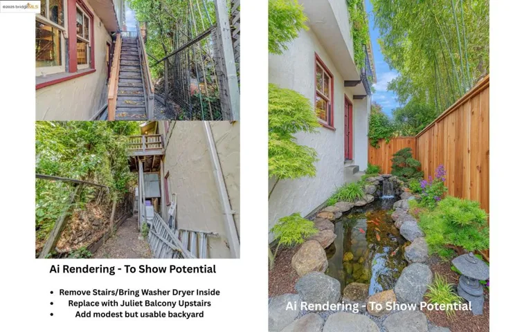 View of property exterior with stucco siding, stairway, and a garden pond