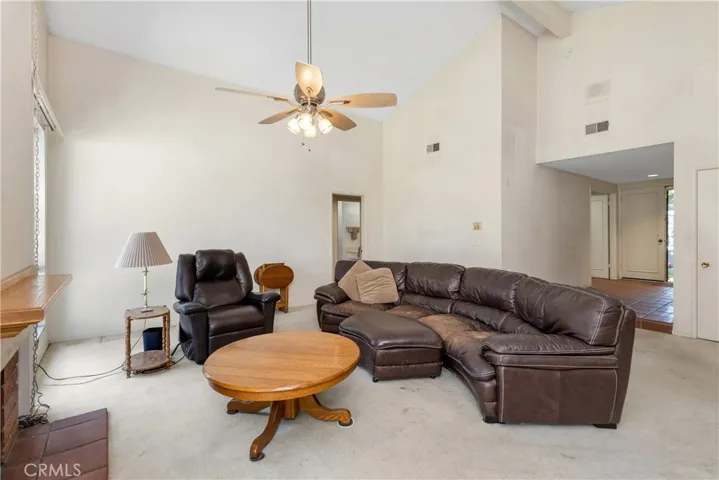 Living room and dining room have a grand feel with vaulted ceilings, fireplace, and tons of natural light.