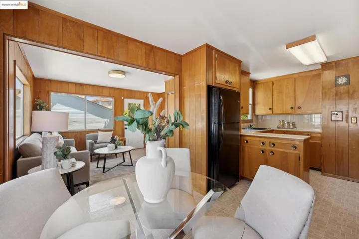 Dining space with wood walls