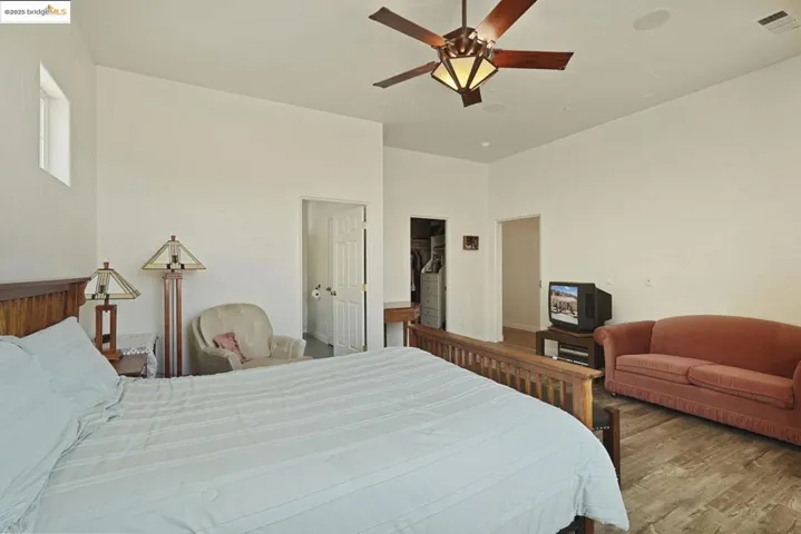 Bedroom featuring a ceiling fan, wood finished floors, and a walk in closet